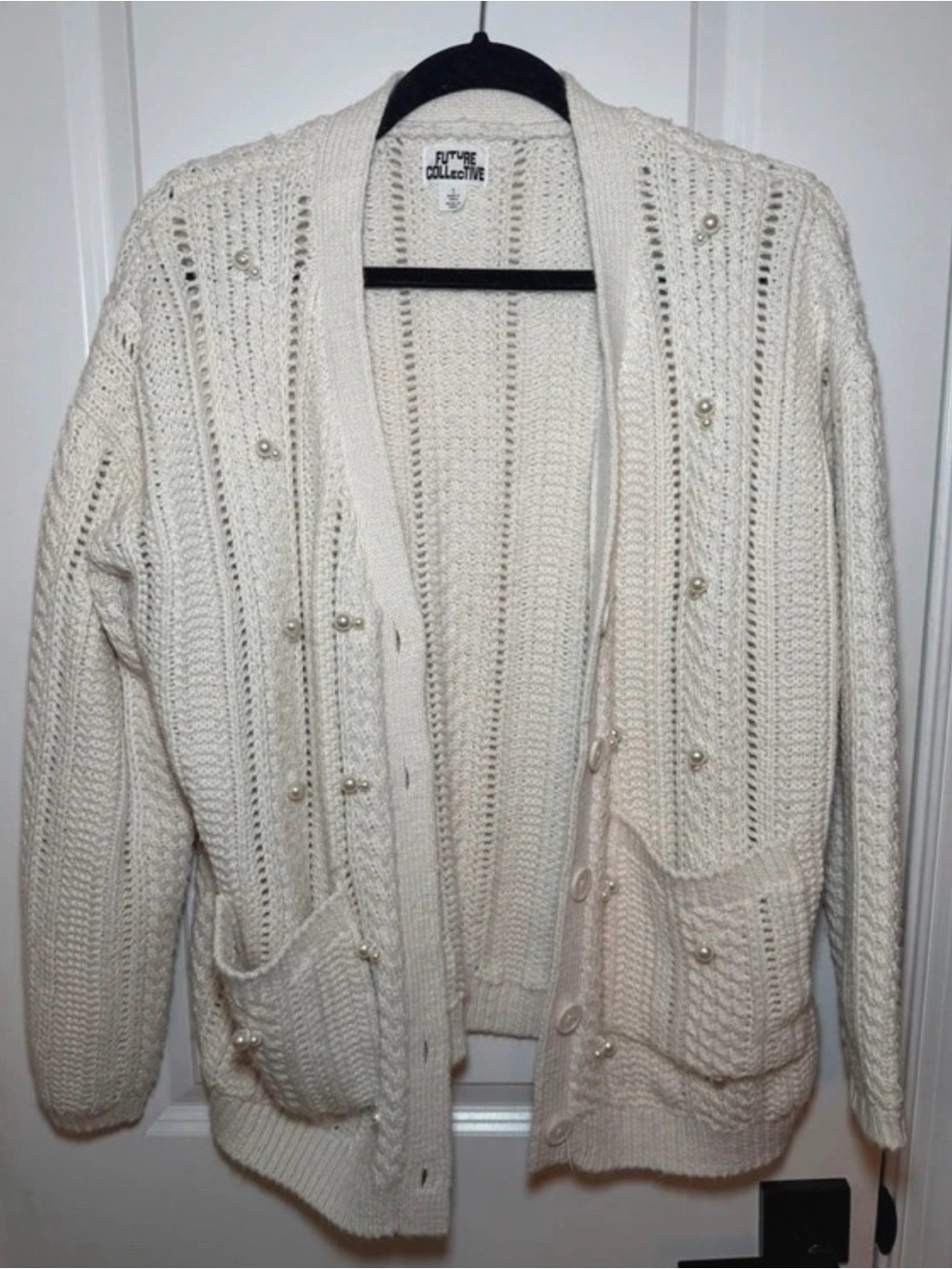 Cream Knit Cardigan Sweater with Pearl embellishment- Future Collective